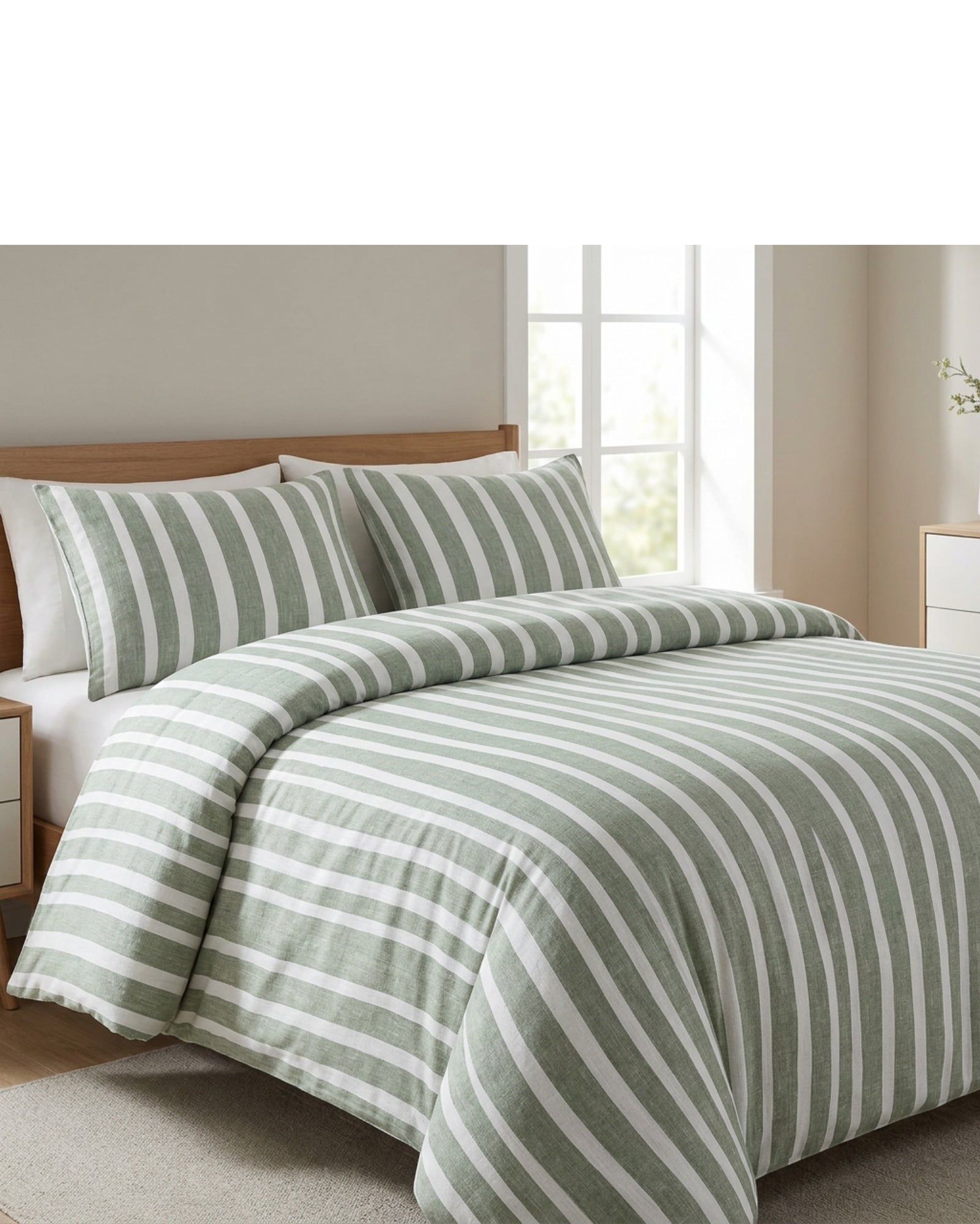 Zovx Linen Blend Striped Duvet Cover Set Full Sage 3 Piece - Lifestyle view